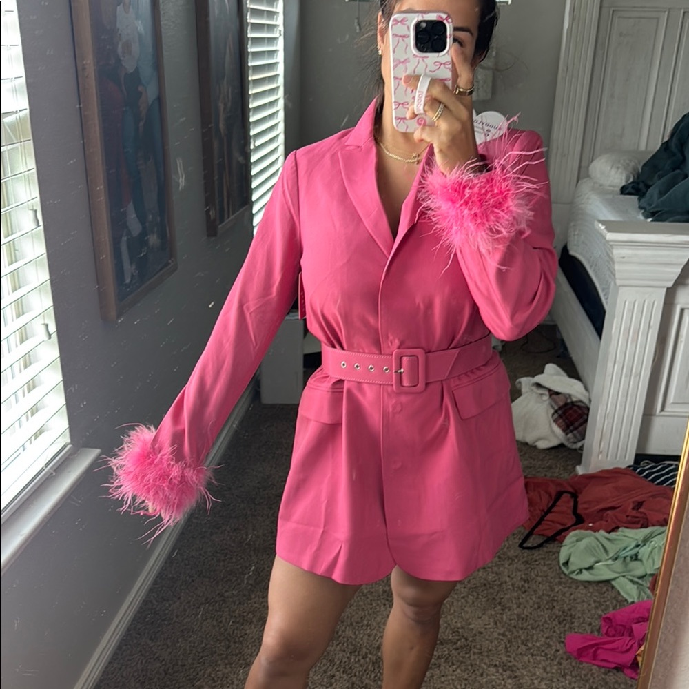 Chic Pink Feather Cuff Blazer Dress